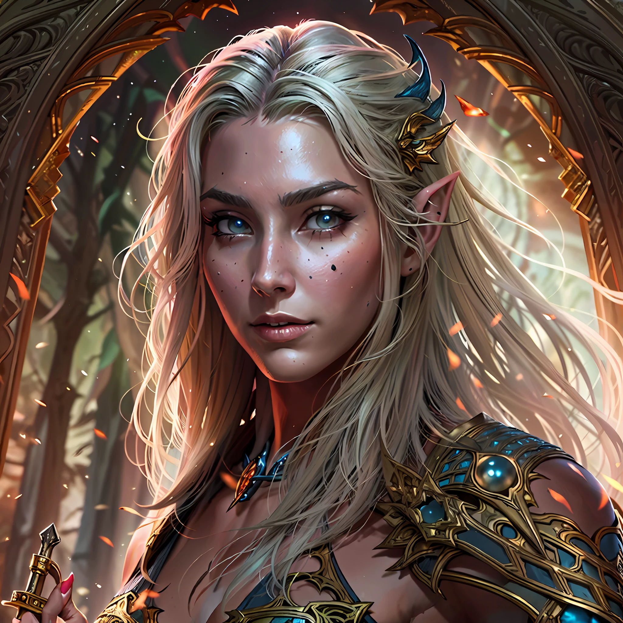 high details, best quality, 8k, [ultra detailed], masterpiece, best quality, (extremely detailed), dynamic angle, ultra wide shot, photorealistic, fantasy art, dnd art, rpg art, realistic art, a wide angle picture of an epic female elf, arcane warrior, warrior of magic, fighter of the arcana, full body, [[anatomically correct]] full body (intricate details, Masterpiece, best quality: 1.5) casting a spell (intricate details, Masterpiece, best quality: 1.5), casting an epic spell, [colorful magical sigils in the air],[ colorful arcane markings floating] (intricate details, Masterpiece, best quality: 1.5), holding an [epic magical sword] (1.5 intricate details, Masterpiece, best quality (intricate details, Masterpiece, best quality: 1.5) holding epic [magical sword glowing in red light(intricate details, Masterpiece, best quality: 1.5). in fantasy urban street),(intricate details, Masterpiece, best quality: 1.5), a female beautiful epic elf wearing elven leather armor(intricate details, Masterpiece, best quality: 1.5), high heeled leather boots, ultra detailed face,  thick hair, long hair, dynamic hair, fair skin intense eyes, fantasy city background (intense details), sun light, backlight, depth of field (1.4 intricate details, Masterpiece, best quality), dynamic angle, (intricate details, Masterpiece, best quality: 1.5), high details, best quality, highres, ultra wide angle