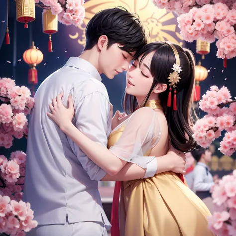 Chinese Qixi Festival 1 boy and 1 girl face affectionately hug each other Character close-up Side face The background is the ancient Chinese Heavenly Palace。