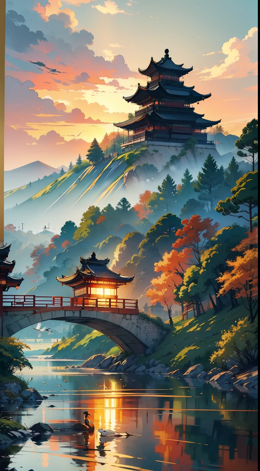 A painting of a pagoda and a bridge over a river - SeaArt AI