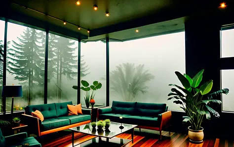 midcentury modern living room dimly lit with dark rainy evening outside, (foggy rainy evening:1.2), pacific northwest, (dim lighting:1.4), (moody lighting:1.2), plants, large plants, rainy, monstera, many plants, (foggy windows:1.2), masterpiece, best qual...
