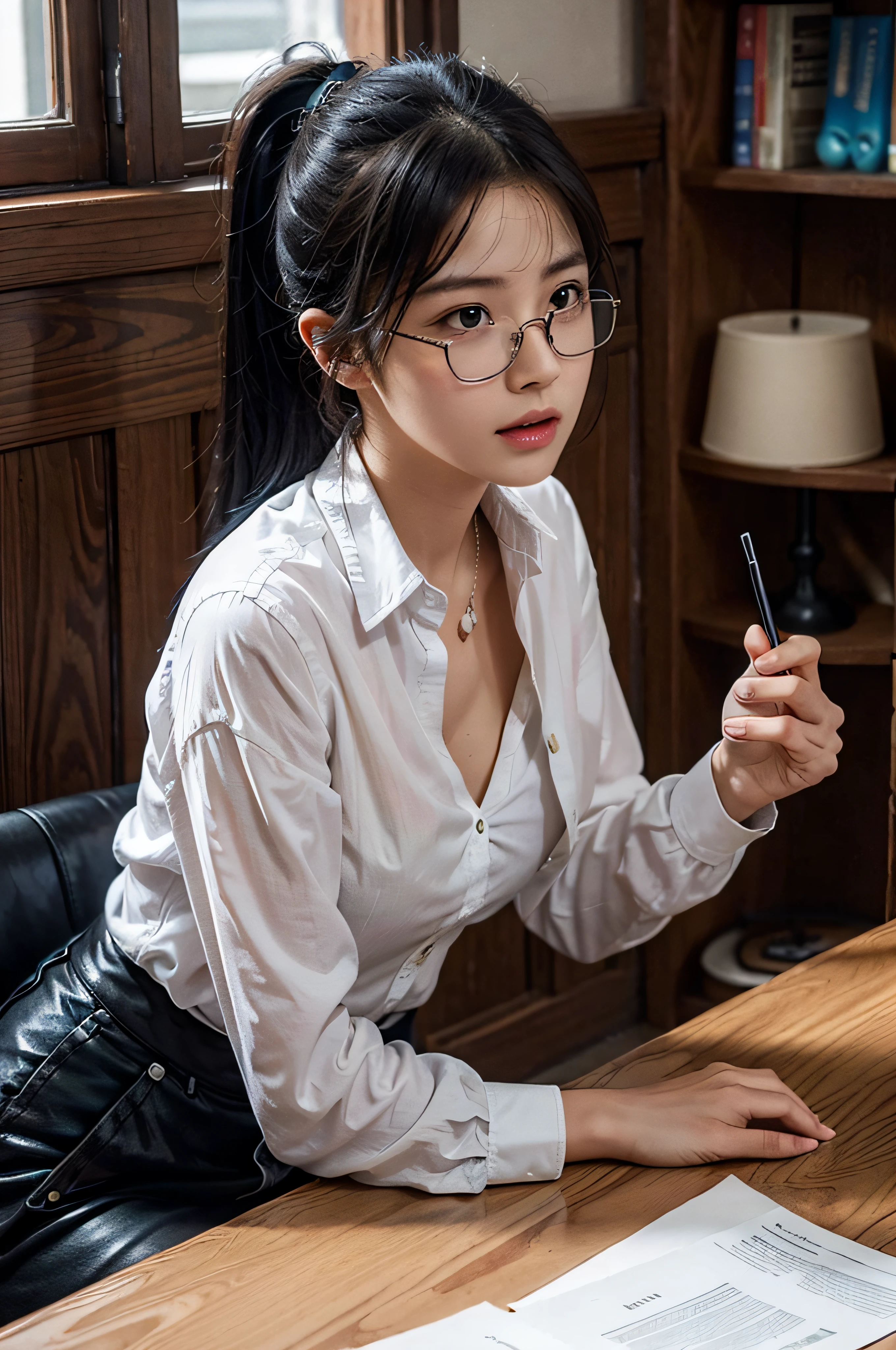 20 yo woman, black hair, short ponytail, thin frame glasses, thinking face, (wearing opened button shirt,medium breasts with cleavage), sitting, studying, BREAK, lying hand on table, holding pencil, opened book, books, a cup off milk, table lamp, BREAK, in living room, wall decor, mini library, glass window, wall clock,BREAK, cinematic light, photorealistic, masterpiece, best quality, complex CG, high detailed face, high detailed eyes,