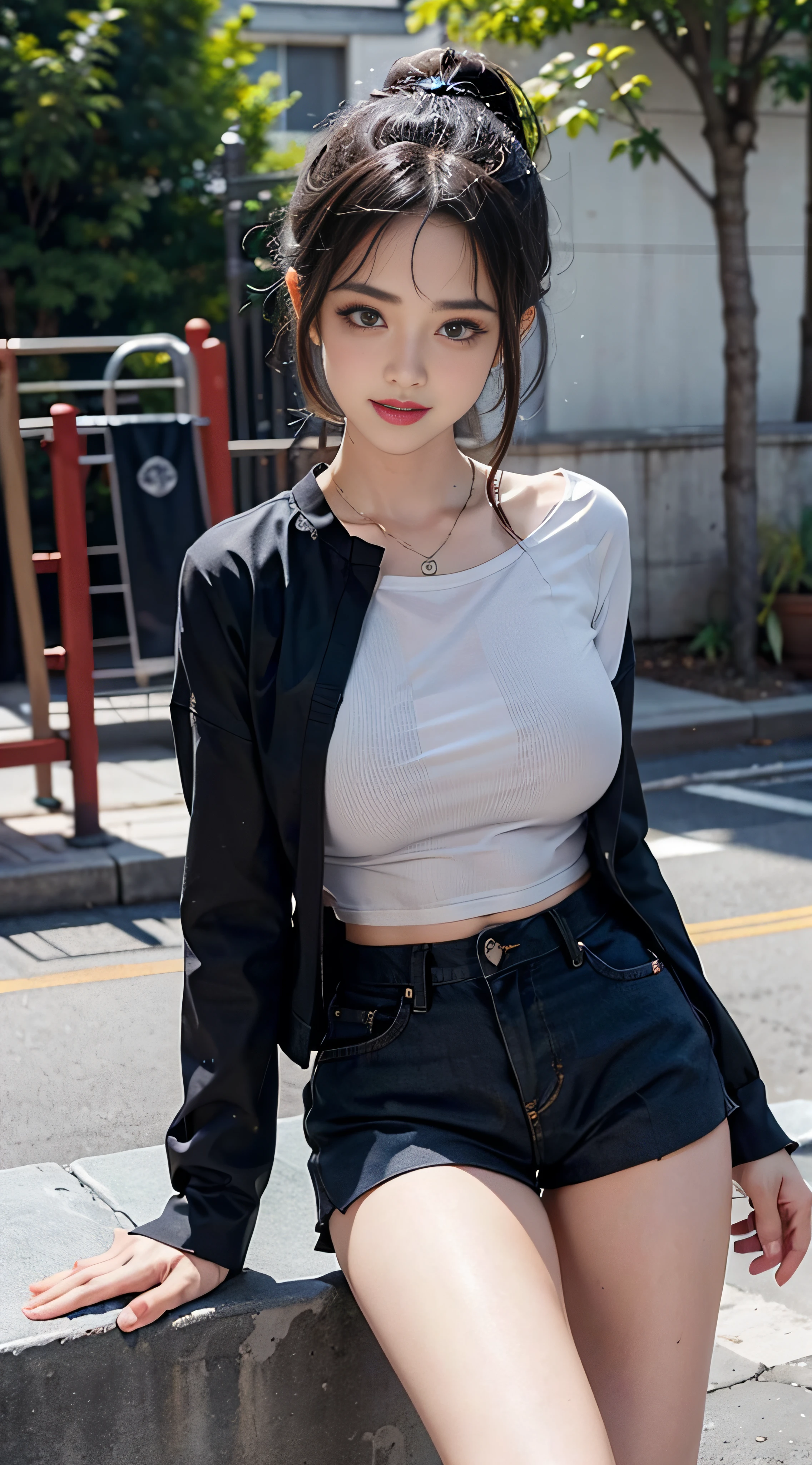 A girl, on the playground after school, fully visible, away from the spectators. She is a beautiful, pretty, cute, cute, young, teenager. She is slim, slender, petite, thin, (big breasts), (big breasts), (big breasts). She was sweaty, wet, and drenched. The clothes are transparent, there is sweat on the skin, and the hair is wet. She grinned and smiled. She looks natural, relaxed and unpretentious. Scheming face. Make faces. (sticking out his tongue), telling a secret, hiding a secret, shyness, excitement. She stared at the audience. She wears a black ponytail. She wore a school uniform, a rolled up shirt with a colored corduroy bra under the shirt, shorts of various colors, and two layers. Shirt lift,. Camera focused on her face, light shining on her face, very large aperture, ((f/1.2)), shallow depth of field, strong blur in background lens, ISO 3000, auto white balance, extremely detailed, professional lighting, soft light, raw photos, Uniqlo fashion models, best quality, masterpiece, award-winning photography, huge file size, 8k, high resolution, shot on Sony DSLR.