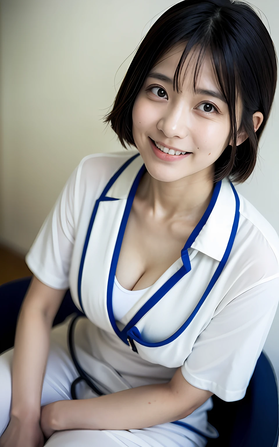 Woman in white nursing clothes sitting on chair, nurse girl, Nurse, nursing, masami kurumada, corporate offices, Nurse Costume, Hey, Kazue Kato, Aya Takano, akiko takase, Yasumoto Oka, With a stethoscope, けもの, by Tadashi Nakayama, Smiling Korean Model Sexy Clothes Beautiful Dress Fit Transparent Fit Racing Car Mechanic in Workshop, (32K、​masterpiece、nffsw:1.2)、Photo of a cute Japanese woman、beauitful face、(Slouched:1.3)、crouching down、(From  above:1.2)、(a closeup:1.4)、POV、Loose T-shirt with wide open chest、Large cleavage is perfectly visible、(beautiful nipple slips:0.9)、outside of house、the wind、shinny skin、blurry backround、