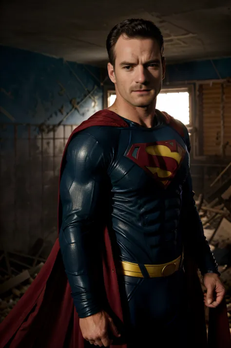 Superman in a blue suit standing in a destroyed area, Super-homem, Herry Cavill, pose do super-homem, Justin Hartley como Superm...