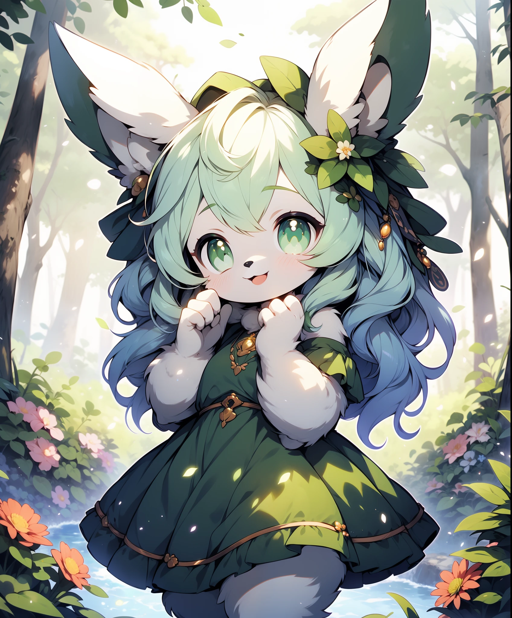 furry girl,rabbit ears,green dress,in forest, sea of flowers, cowboy shot,smile, hair ornament, looking at viewer, one hand up, head tilt