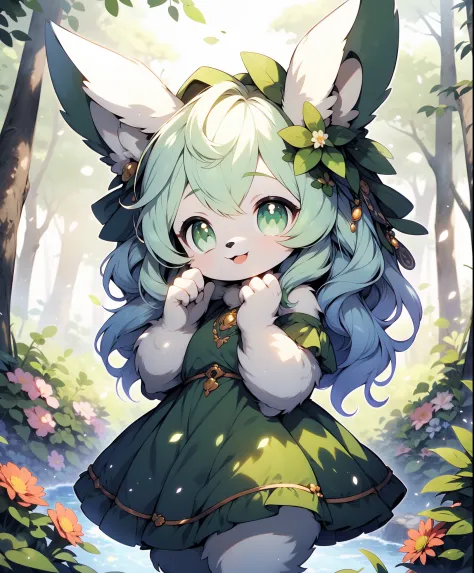 furry girl,rabbit ears,green dress,in forest, sea of flowers, cowboy shot,smile, hair ornament, looking at viewer, one hand up, ...