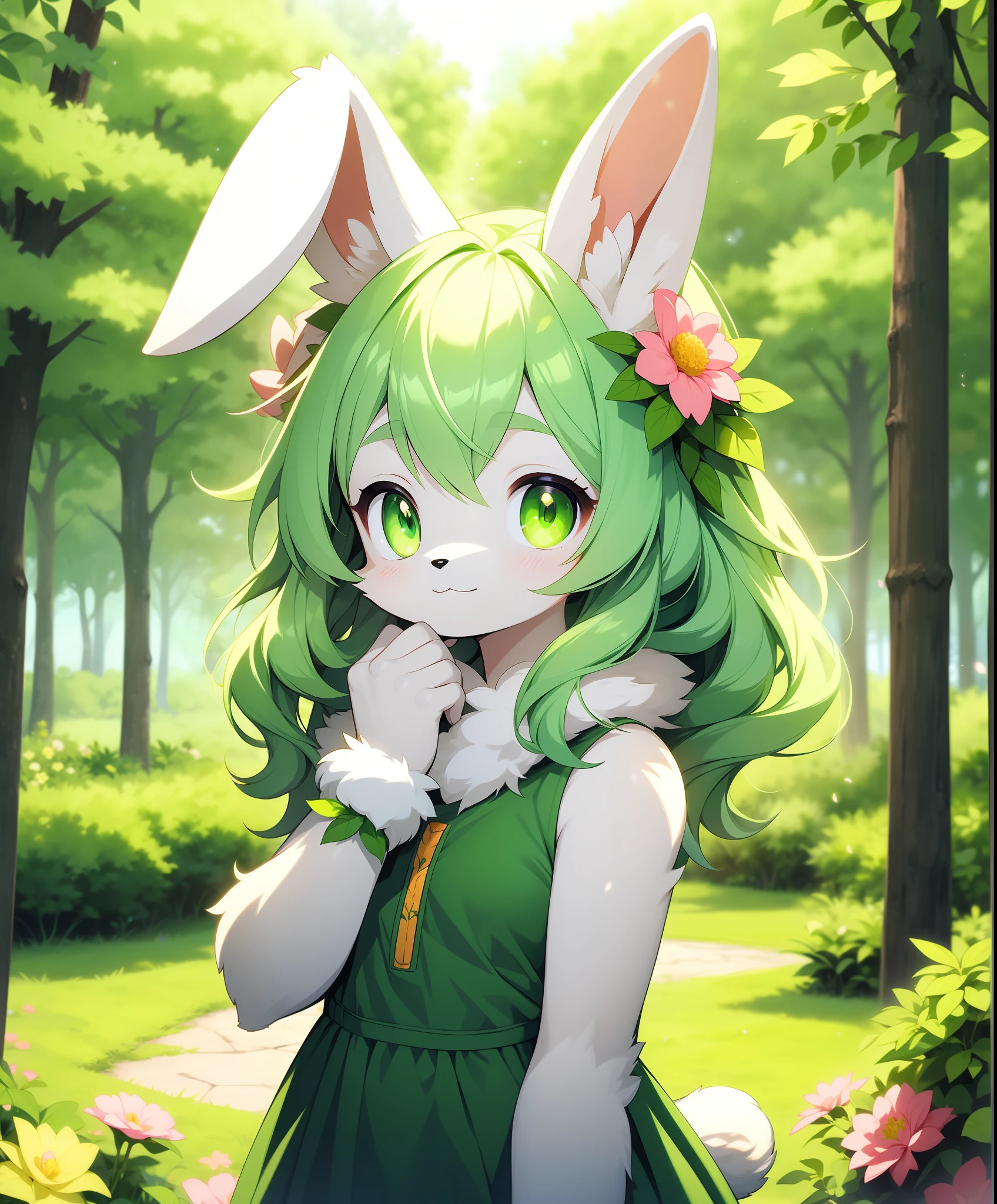 jolie fille à fourrure de lapin,femelle à fourrure,oreilles de lapin,cheveux verts, robe verte,Sans manches, peau blanche,dans la foret,regarder le spectateur,sourire,bouche fermée,fleurs,légèrement au-dessus,