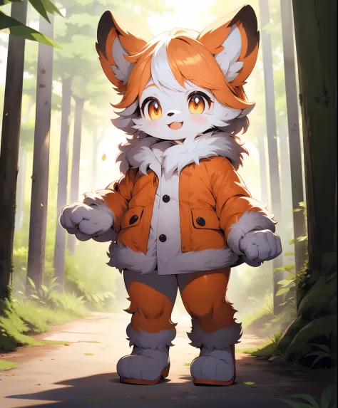 furry, orange fur, two tone fur, full body,smile, in forest, dressing