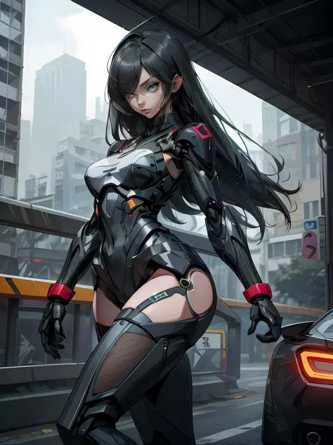 Inside the city，A girl stands in front of a robot。
break
She poses sexy，Beautiful eyes，seductiveexpression。
break
Beautiful slender legs，There are mesh stockings on it，voluptuous figure。