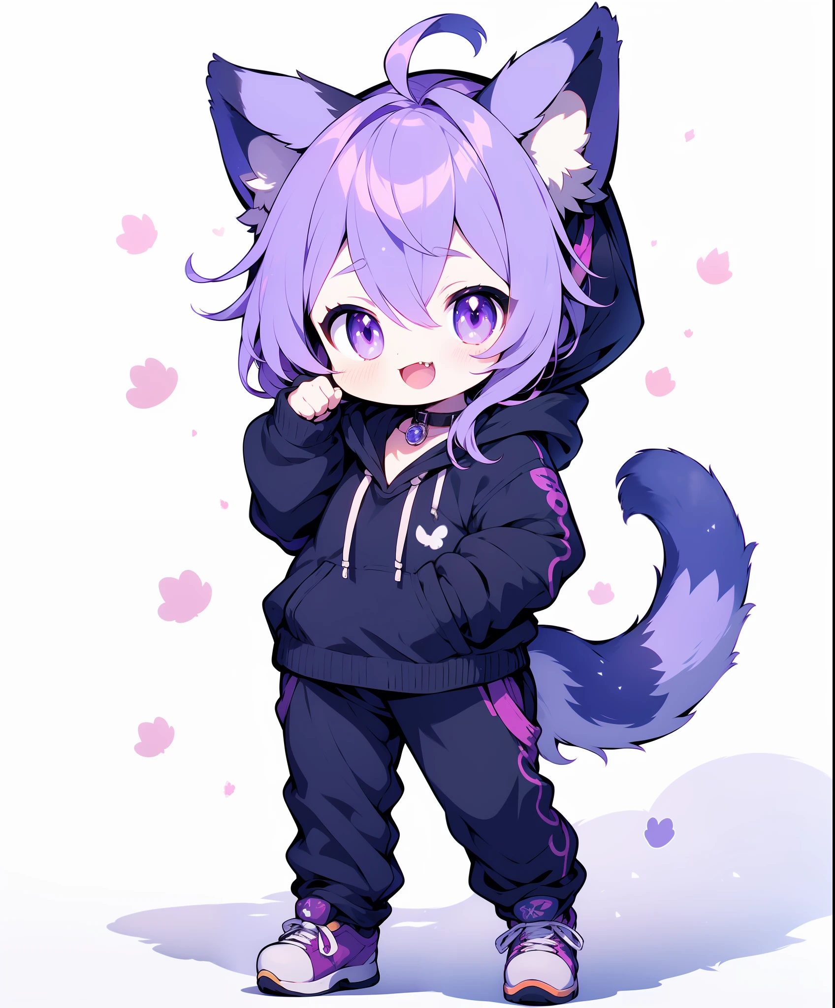 1girl, animal ears, virtual youtuber, nekomata okayu, cat ears, solo, tail, cat tail, purple eyes, purple hair, pants, ahoge, white pants, white background, full body, simple background, midriff, yellow footwear, navel, cat girl, looking at viewer, animal ear fluff, open mouth, hood, smile, collar, shoes, long sleeves, bangs, standing on one leg, paw pose, hoodie, black hoodie, hair between eyes, blush, standing, short hair, sweatpants, black collar, animal collar, fang, :d, :3, collarbone, baggy pants, sleeves past wrists