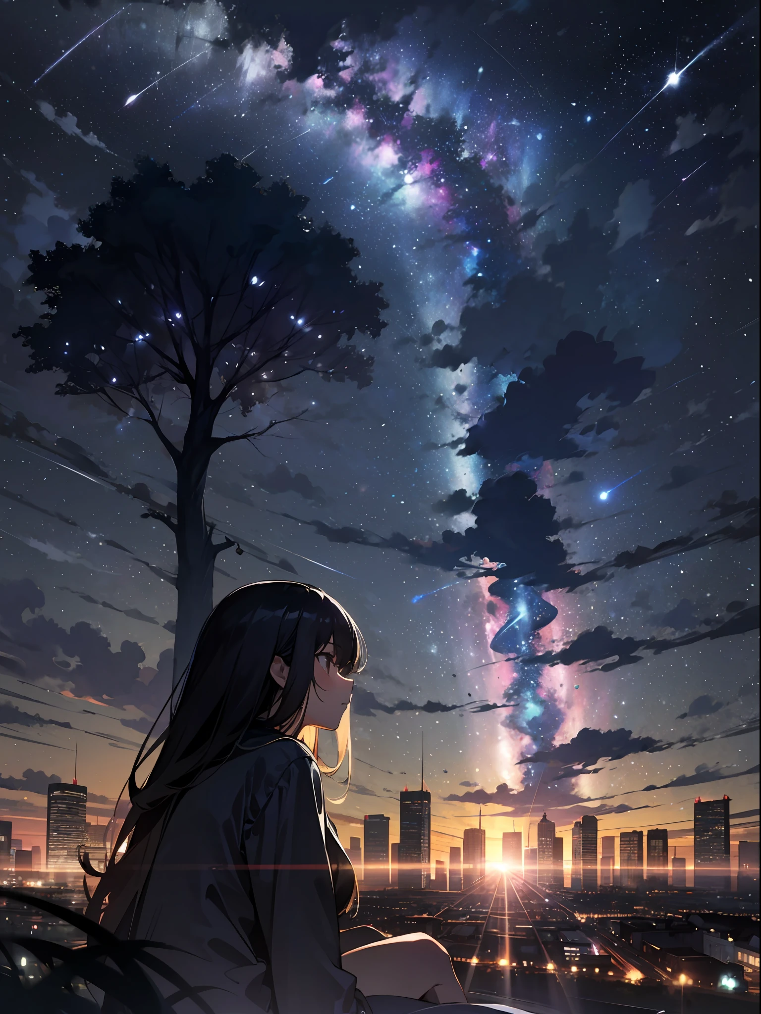 sky, star (sky), scenery, starry sky, night, 1girl, night sky, solo, outdoors, building, cloud, milky way, sitting, tree, long hair, city, silhouette, cityscape