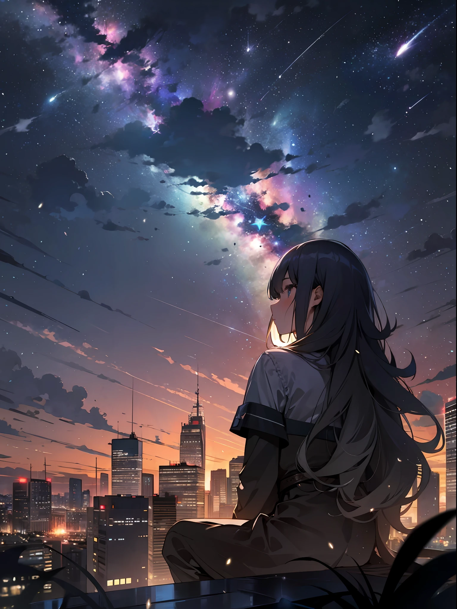 sky, star (sky), scenery, starry sky, night, 1girl, night sky, solo, outdoors, building, cloud, milky way, sitting, tree, long hair, city, silhouette, cityscape