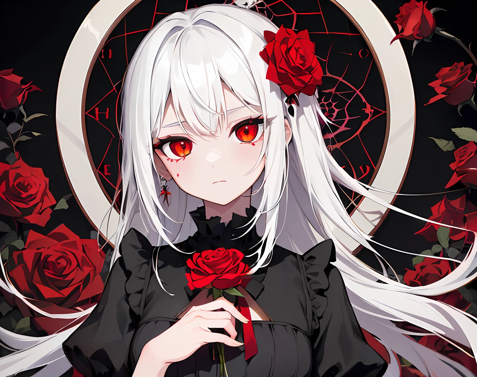 (best quality, masterpiece), (1girl, solo, black dress, standing , looking at viewer, white hair, red eyes, holding rose, closed mouth, upper body), (red dreamcatcher behind, red flower, )