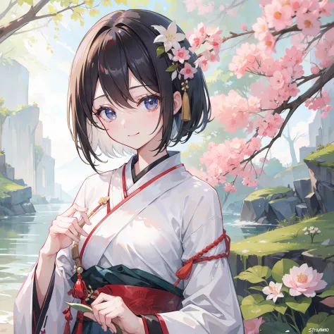 (masterpiece),best quality,good anatomy, shuimobysim,(1 girl:1), (upper body),(smile),short hair,(hanfu),(ecchi0.5), (trees:0.5), (flowers:0.6) ,(wooden house:0.2),(bamboo forest:0.2),(creek:0.2),(river:0.2),