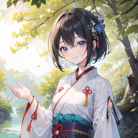 (masterpiece),best quality,good anatomy, shuimobysim,(1 girl:1), (upper body),(smile),short hair,(hanfu),(ecchi0.5), (trees:0.5), (flowers:0.6) ,(wooden house:0.2),(bamboo forest:0.2),(creek:0.2),(river:0.2),