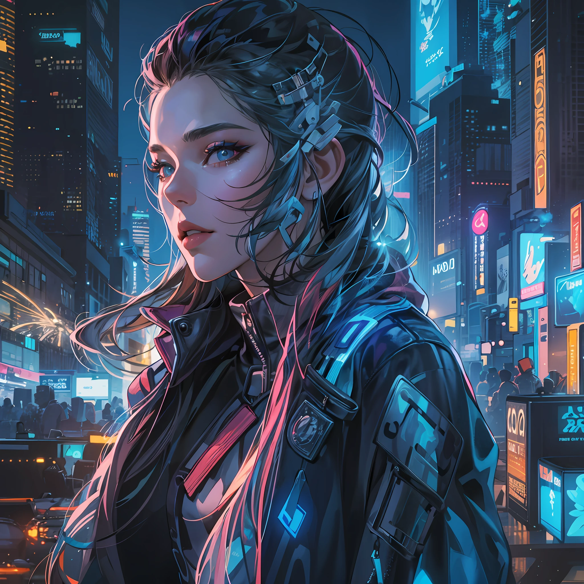 In diesem futuristischen Meisterwerk, eine Frau im Alter von 30 Jahren strahlt eine verführerische und selbstbewusste Aura als futuristische Femme Fatale aus. Die Kulisse ist ein Hightech-, Eine von Cyberpunk inspirierte Welt, die elegante Modernität mit einem Hauch Dystopie verbindet.

Gekleidet in einem atemberaubenden futuristischen Mode-Ensemble, die Frau ist ein optisches Wunder. Ihre Kleidung ist eine Symphonie aus Texturen und Materialien, metallische Akzente setzen, holografische Stoffe, und leuchtende LED-Muster. Jedes Detail ist sorgfältig ausgearbeitet, ein Gefühl von ehrfurchtgebietender Kunstfertigkeit zu erzeugen, das den Betrachter in seinen Bann zieht.

Mit einem Hauch von Selbstvertrauen, die Frau steht inmitten der Zersiedelung der Cyberpunk-Stadt. Neonlichter werfen ein leuchtendes Leuchten auf ihre Gesichtszüge, Ihr perfekt gestyltes Haar wird dadurch zum Leuchten gebracht und die leuchtend blauen Strähnen werden hervorgehoben. Ihr Make-up ist ebenso avantgardistisch, mit holografischen Elementen, die das Licht einfangen und den Betrachter faszinieren.

Der Blick der Femme Fatale ist intensiv und fesselnd, deutet auf eine Welt voller Geheimnisse und Intrigen unter ihrer rätselhaften Fassade hin. Ihre Haltung strahlt Selbstvertrauen aus, ein Spiegelbild ihrer Beherrschung der High-Tech-Welt, in der sie lebt.

Das Cyberpunk-Setting wird mit beeindruckenden Details zum Leben erweckt. Holografische Werbetafeln und Neonschilder erhellen die Straßen, während schwebende Fahrzeuge und Drohnen die futuristische Atmosphäre verstärken. Die Architektur ist eine Mischung aus eleganten Wolkenkratzern und düsteren Hintergassen, ein lebendiges Bild einer Welt zeichnen, in der Technologie und Menschlichkeit aufeinanderprallen.

Jeder Zentimeter dieses Bildes ist ein Beweis für das Können des Künstlers, mit beeindruckenden Details, die jeden Aspekt durchdringen. Das Spiegelbild der High-Tech-Stadt in den scharfen Sonnenbrillen der Frau, die komplizierten Muster ihrer Kleidung, und die Reflektionen des Neonlichts auf ihren metallischen Accessoires tragen zu dem atemberaubenden Gesamteffekt bei.

Meisterwerk fängt die Essenz der futuristischen Femme Fatale ein, Präsentation einer Frau mit unbestreitbarer Anziehungskraft und Macht in einer Welt, in der die Technologie die Oberhand behält. Die Verschmelzung von Vertrauen, topaktuelle Mode