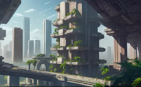 Generate a photorealistic image of a abandoned futuristic city in the jungle, with towering structures, advanced technology, and lush, green surroundings reflecting the unique challenges of city life in a natural environment, mist, river, uhd, 8K