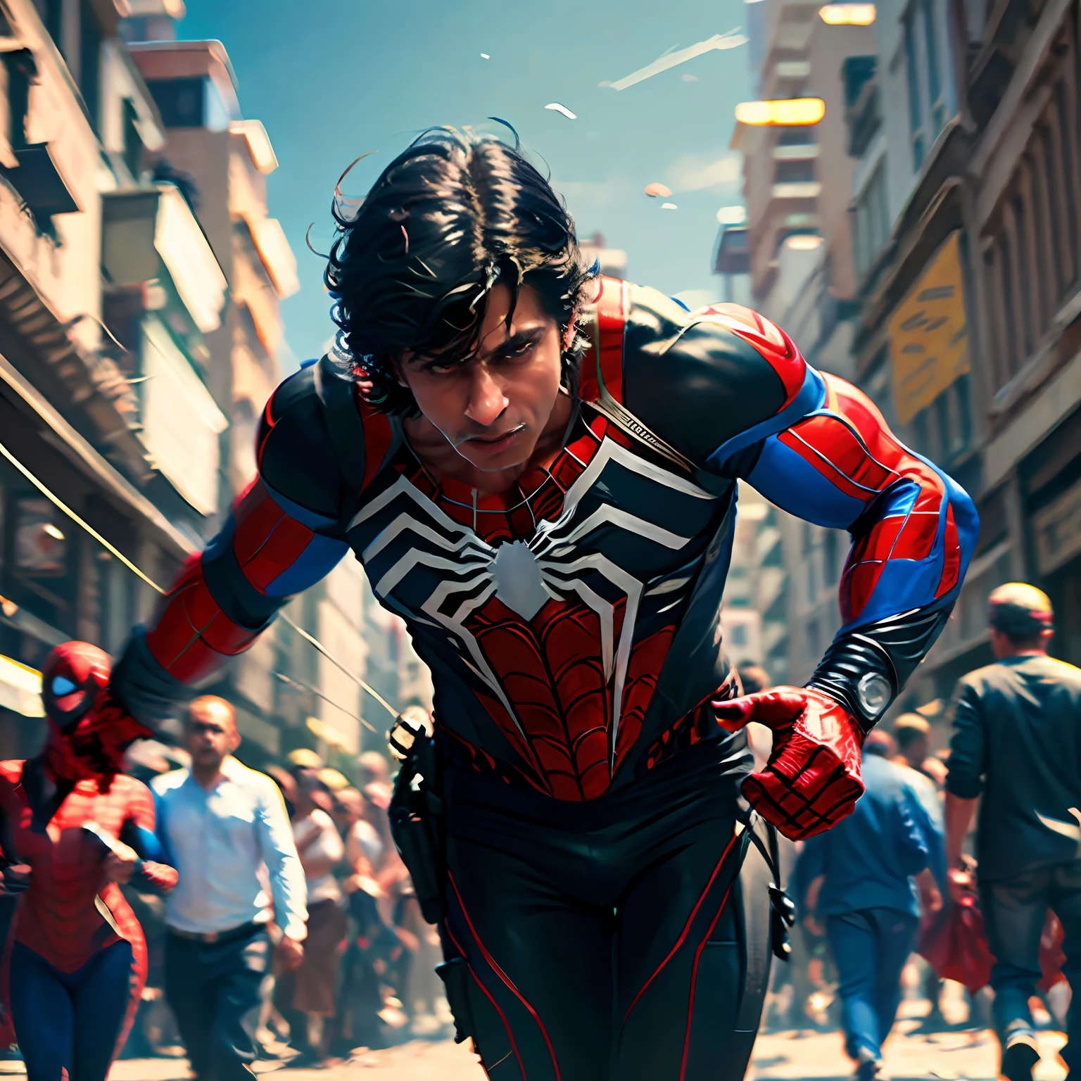 Shahrukh Khan como o Homem-Aranha , andando na multidão,desfocar a imagem da câmera Nikon, obra de arte, realista,qualidade máxima