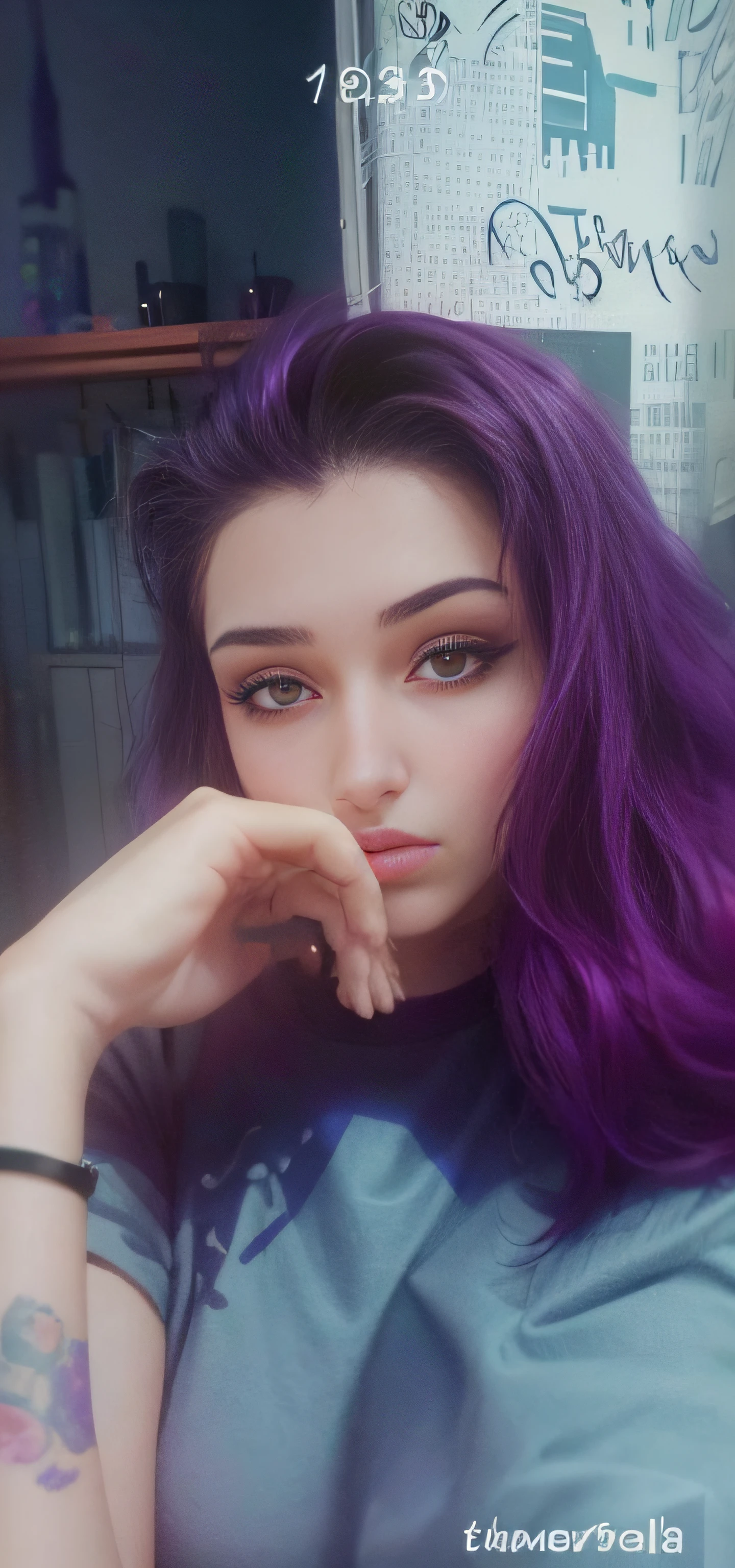 Purple Haired Girl With A Tattoo On Her Arm And A Black Shirt Ela Tem