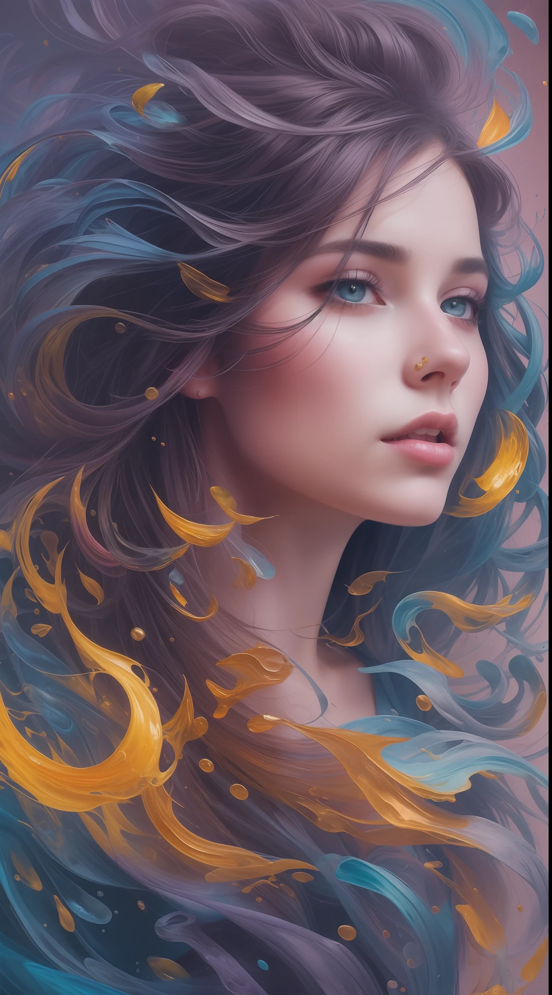 Colorful beautiful woman: a woman 18-years old, messy hair, oil painting, nice perfect face with soft skinice perfect face, blue yellow colors, light purple and violet additions, light red additions, intricate detail, splash screen, 8k resolution, masterpiece, cute face,artstation digital painting smooth veryBlack ink flow: 8k resolution photorealistic masterpiece: intricately detailed fluid gouache painting: by Jean Baptiste Mongue: calligraphy: acrylic: watercolor art, professional photography, natural lighting, volumetric lighting maximalist photoillustration: by marton bobzert:, complex, elegant, expansive, fantastical