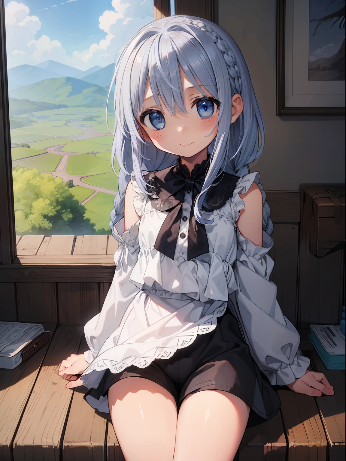 Beautiful illustration, Best Quality, (10 years old female child)、cute petit girl,Lori、 (Superb view), Sitting, fantasylandscape,Pure white dress without sleeves、(Black culottes)、Simple black shorts with wide hem、Thighs visible through the gap in shorts、Crotch gap、Thigh gap、V Line、Brown Lace-Up Short Boots, Long crimson double-sided upholstery, Beautiful blue eyes, frombelow, Cinematic lighting, Cowboy Shot, Euphoric smile,(length hair)、braided on the back of the head and a large ribbon,