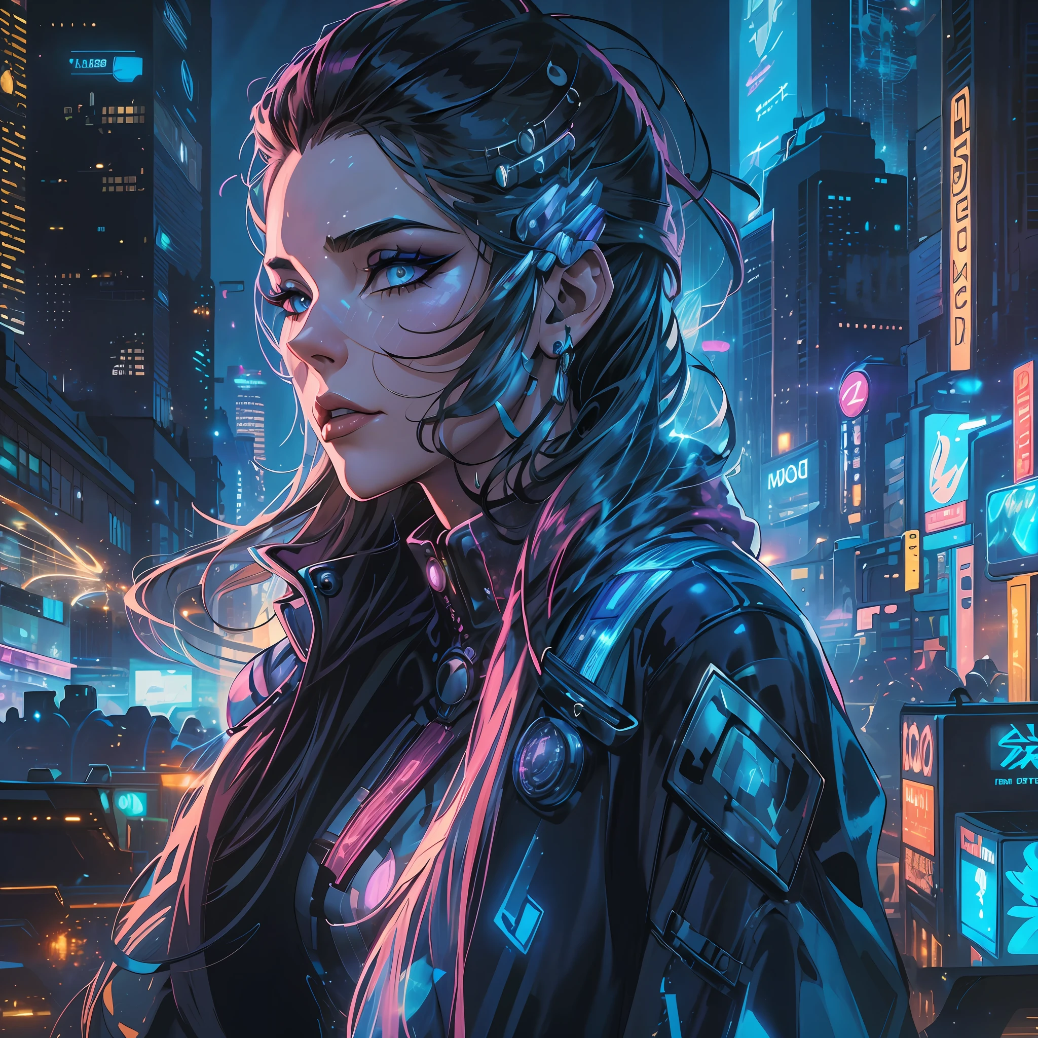 In diesem futuristischen Meisterwerk, eine Frau im Alter von 30 Jahren strahlt eine verführerische und selbstbewusste Aura als futuristische Femme Fatale aus. Die Kulisse ist ein Hightech-, Eine von Cyberpunk inspirierte Welt, die elegante Modernität mit einem Hauch Dystopie verbindet.

Gekleidet in einem atemberaubenden futuristischen Mode-Ensemble, die Frau ist ein optisches Wunder. Ihre Kleidung ist eine Symphonie aus Texturen und Materialien, metallische Akzente setzen, holografische Stoffe, und leuchtende LED-Muster. Jedes Detail ist sorgfältig ausgearbeitet, ein Gefühl von ehrfurchtgebietender Kunstfertigkeit zu erzeugen, das den Betrachter in seinen Bann zieht.

Mit einem Hauch von Selbstvertrauen, die Frau steht inmitten der Zersiedelung der Cyberpunk-Stadt. Neonlichter werfen ein leuchtendes Leuchten auf ihre Gesichtszüge, Ihr perfekt gestyltes Haar wird dadurch zum Leuchten gebracht und die leuchtend blauen Strähnen werden hervorgehoben. Ihr Make-up ist ebenso avantgardistisch, mit holografischen Elementen, die das Licht einfangen und den Betrachter faszinieren.

Der Blick der Femme Fatale ist intensiv und fesselnd, deutet auf eine Welt voller Geheimnisse und Intrigen unter ihrer rätselhaften Fassade hin. Ihre Haltung strahlt Selbstvertrauen aus, ein Spiegelbild ihrer Beherrschung der High-Tech-Welt, in der sie lebt.

Das Cyberpunk-Setting wird mit beeindruckenden Details zum Leben erweckt. Holografische Werbetafeln und Neonschilder erhellen die Straßen, während schwebende Fahrzeuge und Drohnen die futuristische Atmosphäre verstärken. Die Architektur ist eine Mischung aus eleganten Wolkenkratzern und düsteren Hintergassen, ein lebendiges Bild einer Welt zeichnen, in der Technologie und Menschlichkeit aufeinanderprallen.

Jeder Zentimeter dieses Bildes ist ein Beweis für das Können des Künstlers, mit beeindruckenden Details, die jeden Aspekt durchdringen. Das Spiegelbild der High-Tech-Stadt in den scharfen Sonnenbrillen der Frau, die komplizierten Muster ihrer Kleidung, und die Reflektionen des Neonlichts auf ihren metallischen Accessoires tragen zu dem atemberaubenden Gesamteffekt bei.

Meisterwerk fängt die Essenz der futuristischen Femme Fatale ein, Präsentation einer Frau mit unbestreitbarer Anziehungskraft und Macht in einer Welt, in der die Technologie die Oberhand behält. Die Verschmelzung von Vertrauen, topaktuelle Mode