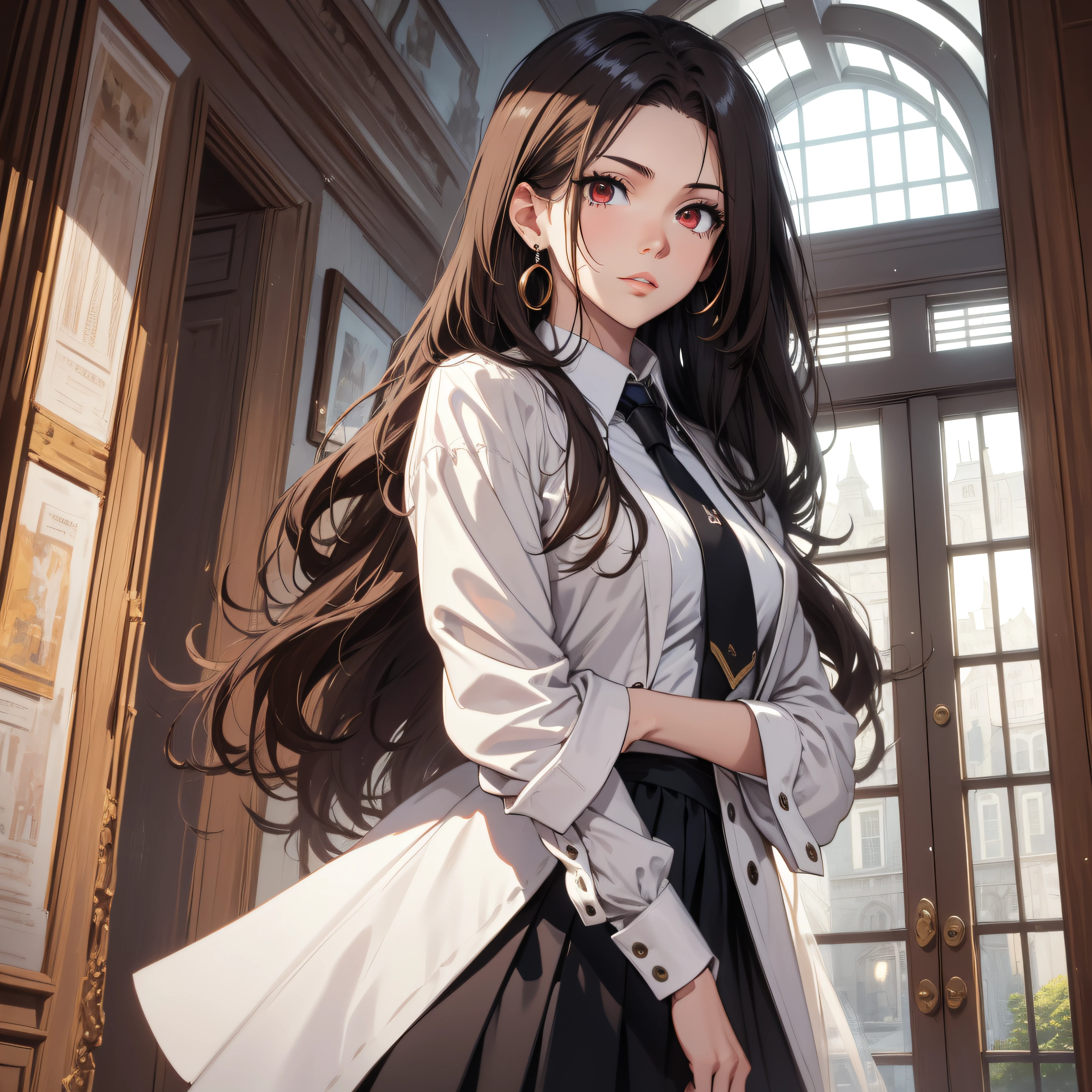 (best quality, masterpiece, ultra-detailed, extremely detailed, highres), (1girl, single, solo), 16 years old Anime girl, brown hair, long raven hair, slightly wavy hair, parted bangs, Magus, red eyes, diamond earrings, long black coat, necktie, white shirt, black skirt, aristocrat, noble attire, beautiful, ethereal, elegant, prestigious, classic, royal building, natural lips, magic school