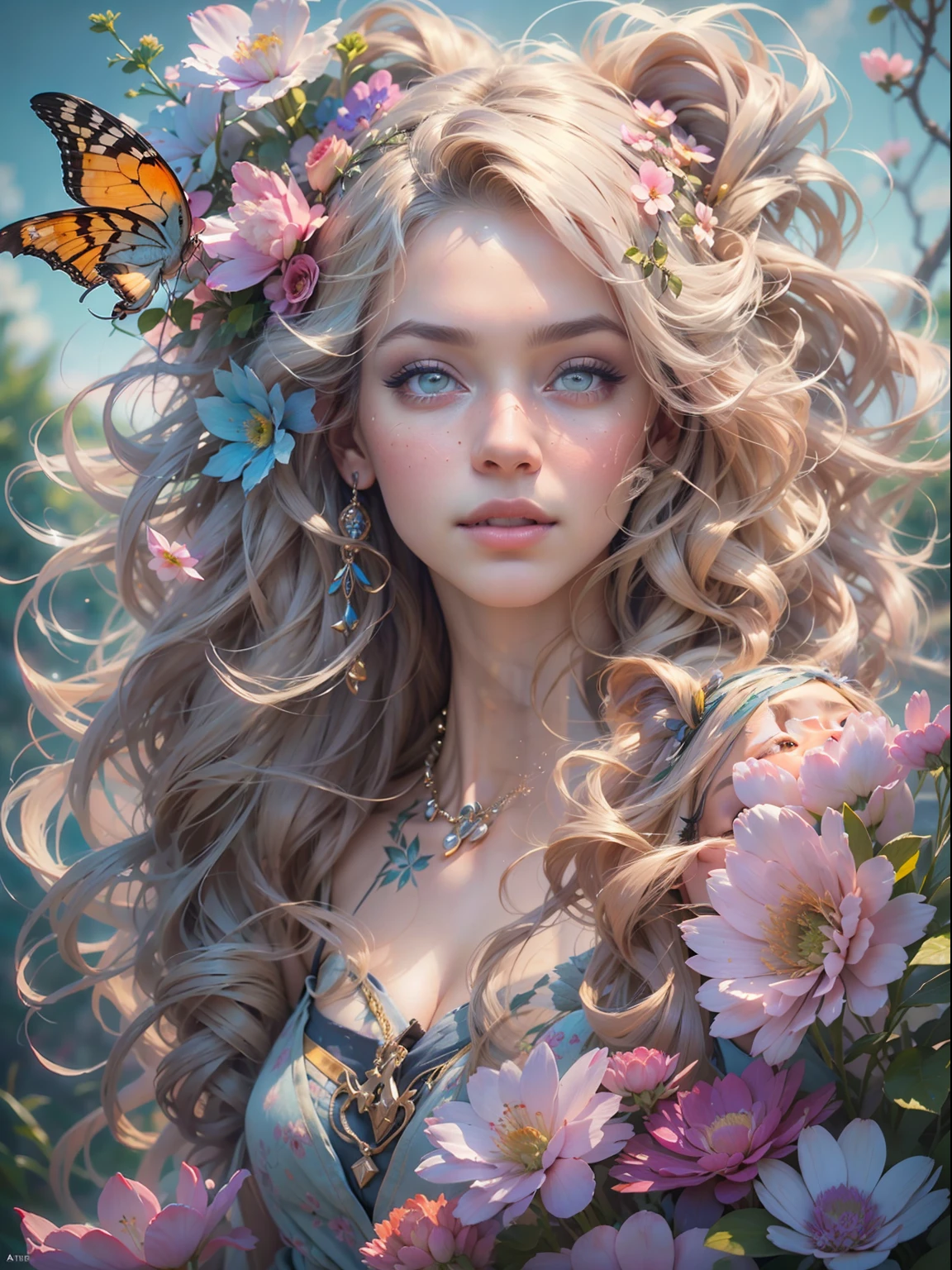 This artwork is dreamy and in the style of mythic fantasy, with soft watercolor hues in varying shades of pink, blue, and purple. Generate an ornate figure from Greek mythology and realistic skin and hair texture. Her strong, proud face has realistically shaded eyes and puffy lips, and a big mouth. Her soft, realistic hair is dancing in the breeze along with the flowers and detailed butterflies that surround her. Include highly detailed fantasy touches including a beautiful watercolor sky. Include 8k eyes, hires eyes, beautiful detail eyes, beautiful detailed eyes, and realistic eyes. Include fantasy details, enhanced details, iridescence, and colorful glitter. Pay special attention to her face and make sure it is beautifully and realistically detailed. 8k, intricate, elegant, highly detailed, majestic, digital photography, art by artgerm and ruan jia and greg rutkowski, (((masterpiece, finely detailed beautiful eyes: 1.2))), hdr, ((realistic skin texture)), rays of light, ornate flowers, dew drops, sunlight, hazy rays of sun, flowergateway style, castle, palace, archway, flowers, growing