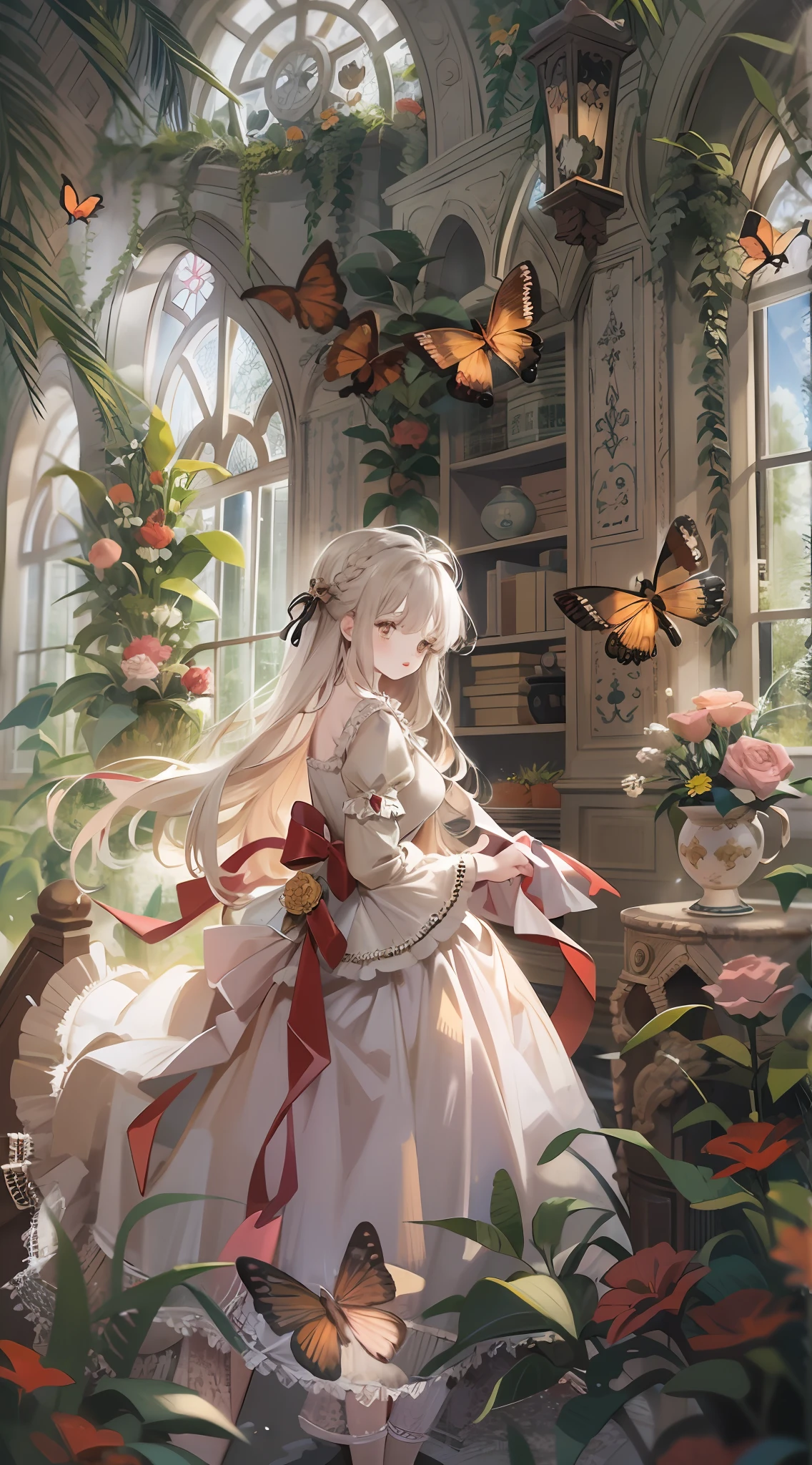 softlighting，soft focus，Hazy picture，Huge stained windows，The windows are transparent，1girll，Golden birdcage，Thorny vines，Red butterfly，mitts，（very intricate），Exquisite，Complex hairstyles，long  skirt，RococoStyle，Bow knot，Cross straps，Gorgeous dress，Large skirt，frilld，Love decoration，（Elegant vintage clothing design），rosette，whaite hair，long  white hair，The brightness of the picture is high，Low contrast，The overall feeling is like an oil painting，trpical garden，Close-up，Close-up Shot Shot，Holy，Holy