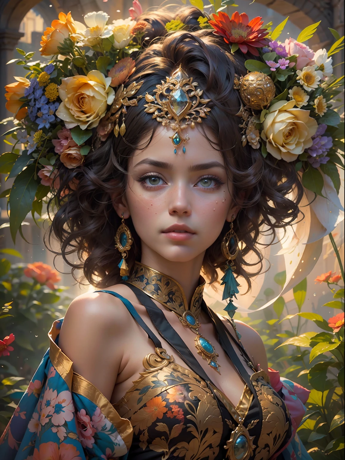 This artwork is colorful and exciting with lots of action and visual interest. Generate a strong and proud woman dressed in intricate and ornate circus garb and realistic skin and hair texture. Her eyes are beautiful and realistically shaded and her face is very proud and highly detailed with puffy lips and a huge mouth. Important: Her eyes are important and should be the highest resolution, extremely detailed, and awe-inspiring, with multiple colors and shades. The background of the image is wild and unruly, with a mix of flowers, petals, circus stuff, and colorful detritus. This image is highly ornate and full of detail. Include fantasy details, enhanced details, iridescence, colorful glittering wind. Pay special attention to her face and make sure it is beautifully and realistically detailed. 8k, intricate, elegant, highly detailed, majestic, digital photography, art by artgerm and ruan jia and greg rutkowski, (masterpiece, finely detailed beautiful eyes: 1.2), hdr, realistic skin texture, rays of light, ornate flowers, dew drops, sunlight, hazy rays of sun, flowergateway style, castle, palace, archway, flowers, growing