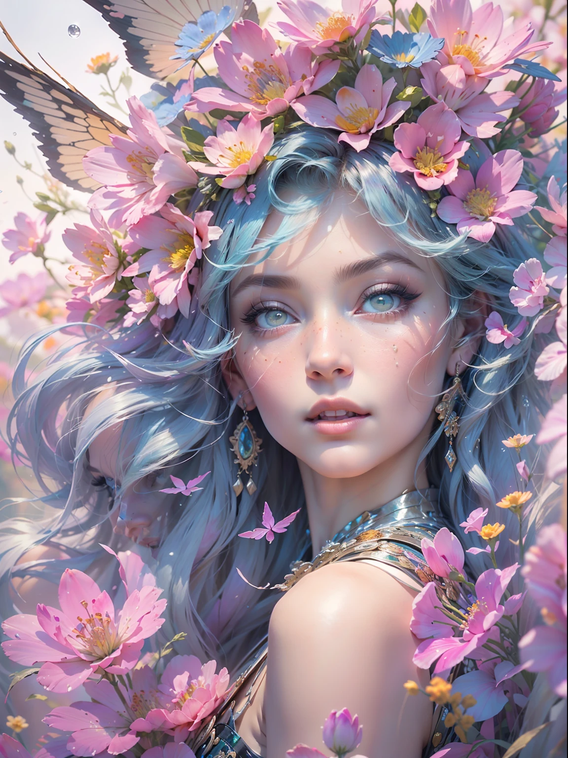 This artwork is dreamy and in the style of mythic fantasy, with soft watercolor hues in varying shades of pink, blue, and purple. Generate an ornate figure from Greek mythology and realistic skin and hair texture. Her strong, proud face has realistically shaded eyes and puffy lips, and a big mouth. Her soft, realistic hair is dancing in the breeze along with the flowers and detailed butterflies that surround her. Include highly detailed fantasy touches including a beautiful watercolor sky. Include 8k eyes, hires eyes, beautiful detail eyes, beautiful detailed eyes, and realistic eyes. Include fantasy details, enhanced details, iridescence, and colorful glitter. Pay special attention to her face and make sure it is beautifully and realistically detailed. 8k, intricate, elegant, highly detailed, majestic, digital photography, art by artgerm and ruan jia and greg rutkowski, (((masterpiece, finely detailed beautiful eyes: 1.2))), hdr, ((realistic skin texture)), rays of light, ornate flowers, dew drops, sunlight, hazy rays of sun, flowergateway style, castle, palace, archway, flowers, growing