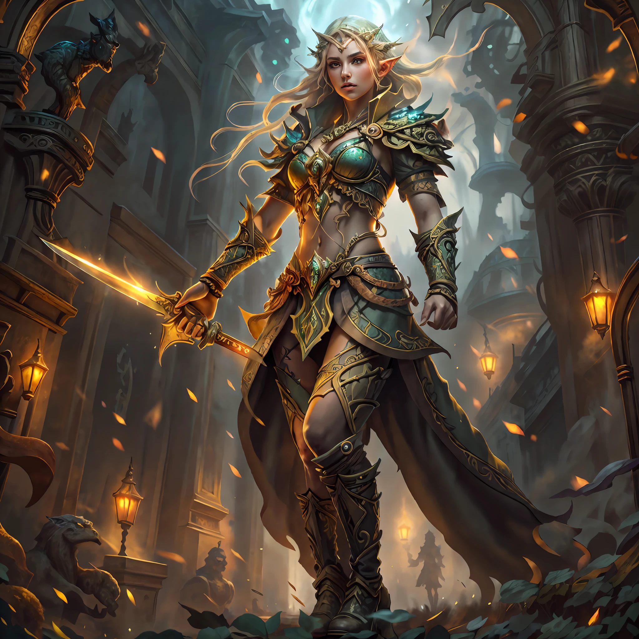high details, best quality, 8k, [ultra detailed], masterpiece, best quality, (extremely detailed), full body, ultra wide shot, photorealistic, fantasy art, dnd art, rpg art, realistic art, a wide angle picture of an epic female elf, arcane warrior, warrior of magic, fighter of the arcana, full body, [[anatomically correct]] full body (intricate details, Masterpiece, best quality: 1.5) casting a spell (intricate details, Masterpiece, best quality: 1.5), casting an epic spell, [colorful magical sigils in the air],[ colorful arcane markings floating] (intricate details, Masterpiece, best quality: 1.5), holding an [epic magical sword] (1.5 intricate details, Masterpiece, best quality (intricate details, Masterpiece, best quality: 1.5) holding epic [magical sword glowing in red light(intricate details, Masterpiece, best quality: 1.5). in fantasy urban street),(intricate details, Masterpiece, best quality: 1.5), a female beautiful epic elf wearing elven leather armor(intricate details, Masterpiece, best quality: 1.5), high heeled leather boots, ultra detailed face,  thick hair, long hair, dynamic hair, fair skin intense eyes, fantasy city background (intense details), sun light, backlight, depth of field (1.4 intricate details, Masterpiece, best quality), full body, (intricate details, Masterpiece, best quality: 1.5), high details, best quality, highres, ultra wide angle