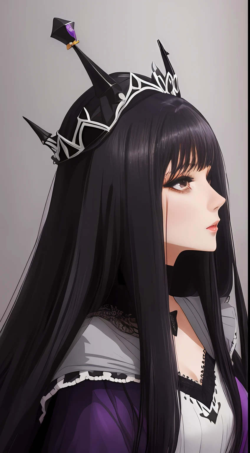 A dark queen with gentle face and a black crown with a purple diamond ,long shot ,  in semi side view,black straight hair، transparent background ,