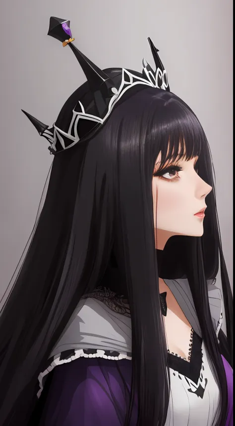 A dark queen with gentle face and a black crown with a purple diamond ,long shot ,  in semi side view,black straight hair، trans...