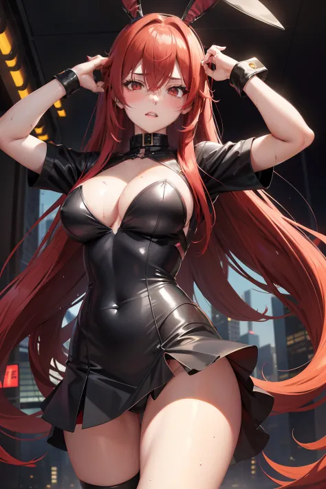 1 anime girl, red hair, black and red skirt, short clothes, breasts, cleavage, golden eyes, ray tracing, very long hair, masterpiece, hair between eyes, blush, partialy , sexy, dynamic poses, wet, bunny ears, bunny tail, highly detailed, cyberpunk suit