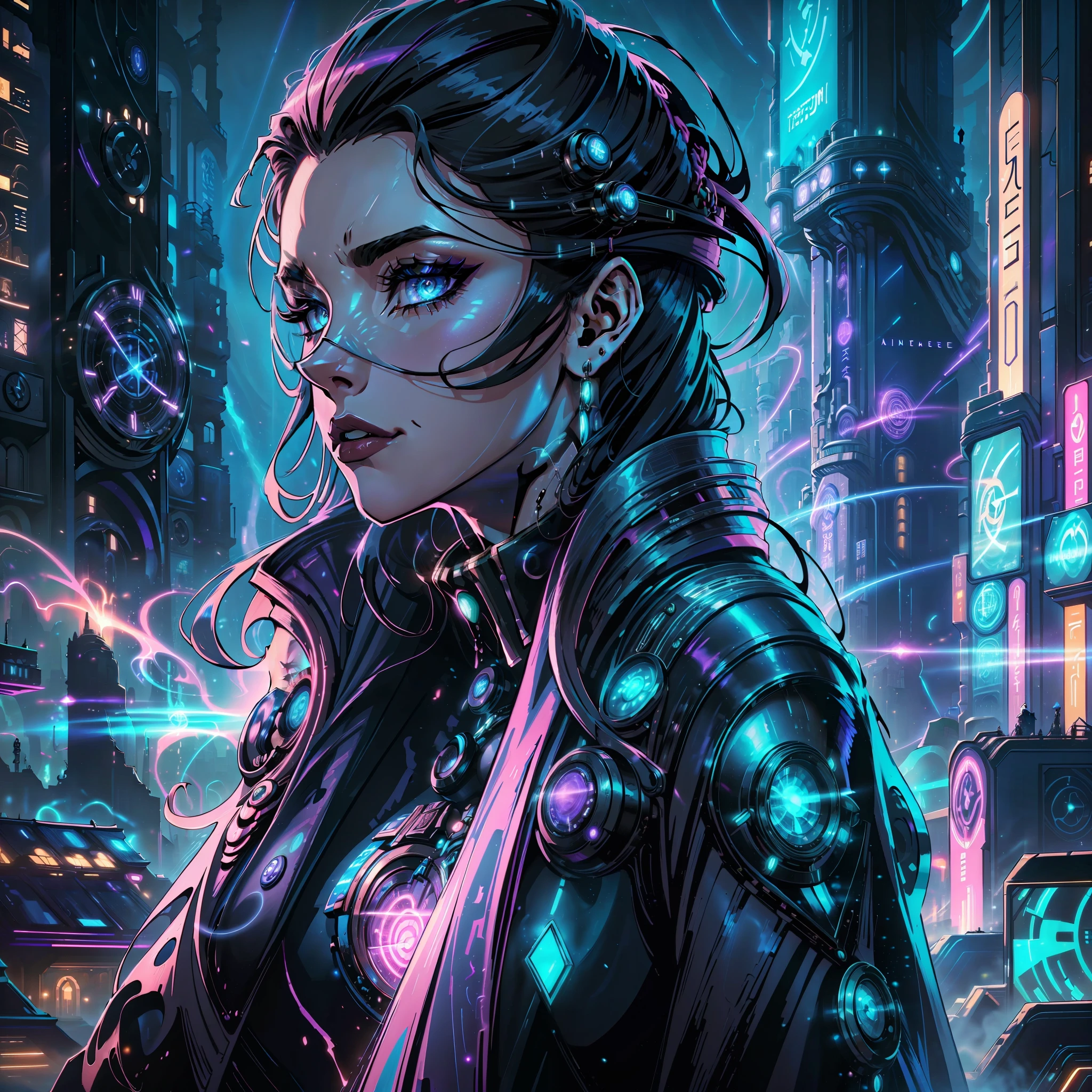 Nesta obra-prima futurista, uma mulher de 30 anos exala uma aura sedutora e confiante como uma Femme Fatale Futurista. O cenário é de alta tecnologia, mundo inspirado no cyberpunk que combina perfeitamente modernidade elegante com um toque distópico.

Vestido com um deslumbrante conjunto de moda futurista, A mulher é uma maravilha visual. Seu traje é uma sinfonia de texturas e materiais, misturando detalhes metálicos, tecidos holográficos, e padrões de LED brilhantes. Cada detalhe é meticulosamente trabalhado, criando uma sensação de arte inspiradora que atrai o espectador.

Com um ar de confiança, A mulher está em meio à expansão urbana da cidade cyberpunk. Luzes de néon lançam um brilho vibrante em suas feições, iluminando seu cabelo perfeitamente penteado e realçando as mechas azuis elétricas que o percorrem. Sua maquiagem é igualmente vanguardista, com elementos holográficos que captam a luz e hipnotizam o observador.

O olhar da Femme Fatale é intenso e cativante, sugerindo um mundo de segredos e intrigas sob seu exterior enigmático. Sua postura exala confiança, um reflexo de seu comando sobre o mundo de alta tecnologia que ela habita.

O cenário cyberpunk ganha vida com detalhes incríveis. Outdoors holográficos e letreiros de néon iluminam as ruas, enquanto veículos flutuantes e drones contribuem para a atmosfera futurista. A arquitetura é uma mistura de arranha-céus elegantes e becos arenosos, pintando uma imagem vívida de um mundo onde a tecnologia e a humanidade colidem.

Cada centímetro desta imagem é uma prova da habilidade do artista, com detalhes incríveis permeando todos os aspectos. O reflexo da cidade high-tech nos tons fortes da mulher, os intrincados padrões de suas roupas, e os reflexos das luzes neon em seus acessórios metálicos contribuem para o efeito impressionante geral.

obra-prima captura a essência da Futurista Femme Fatale, apresentando uma mulher de fascínio e poder inegáveis em um mundo onde a tecnologia reina suprema. A fusão da confiança, moda de ponta