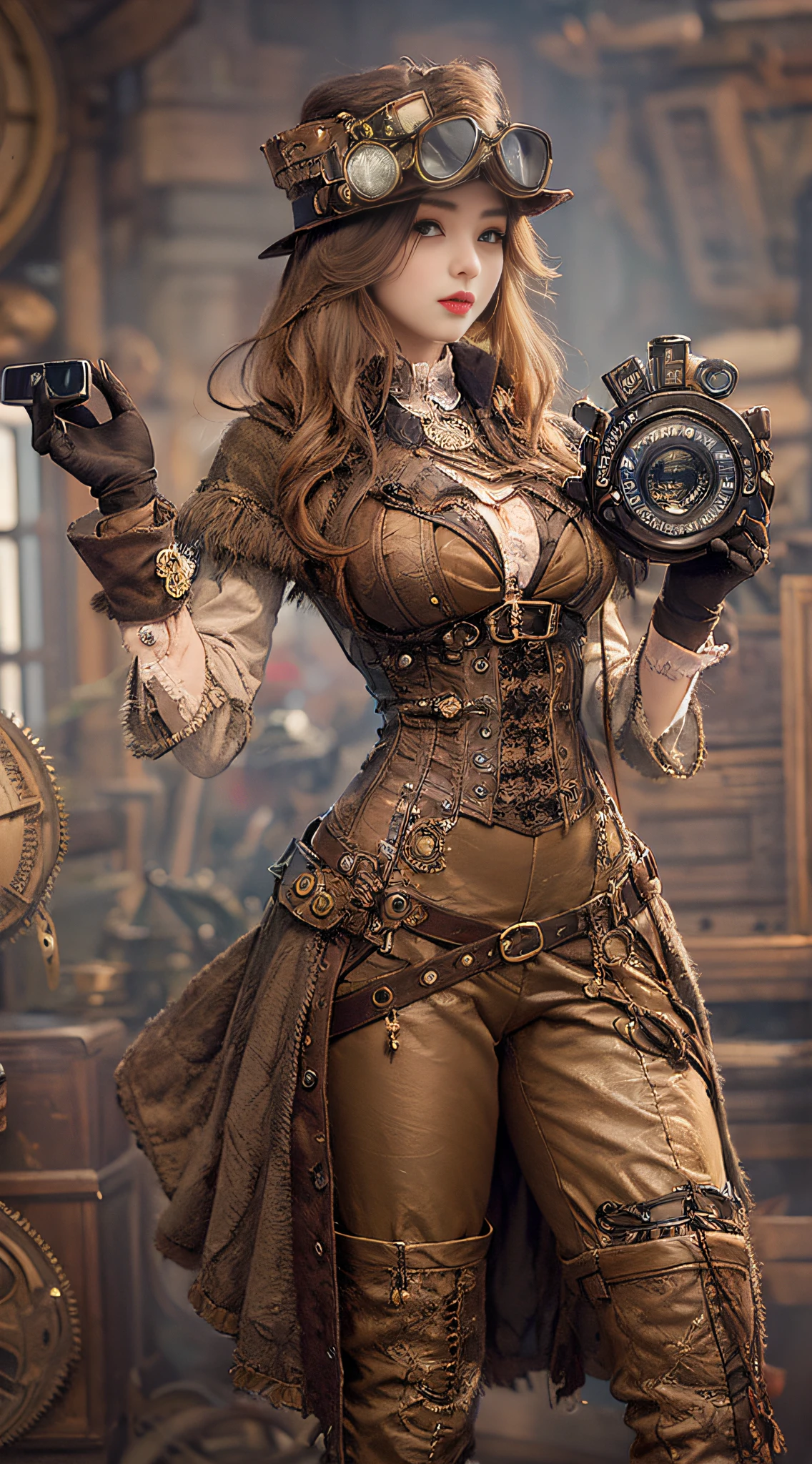 Mujer con disfraz steampunk tomando una foto, vistiendo ropa steampunk, fantasía steampunk style, (steampunk), ( steampunk ), una hermosa diosa steampunk, steampunk hermosa anime mujer, steampunk Girl, steampunk style, fantasía steampunk, steampunk, chica inventora steampunk, steampunk dorado, steampunc, steampunc, Ambientado en un mundo steampunk, Concepto vívido steampunk