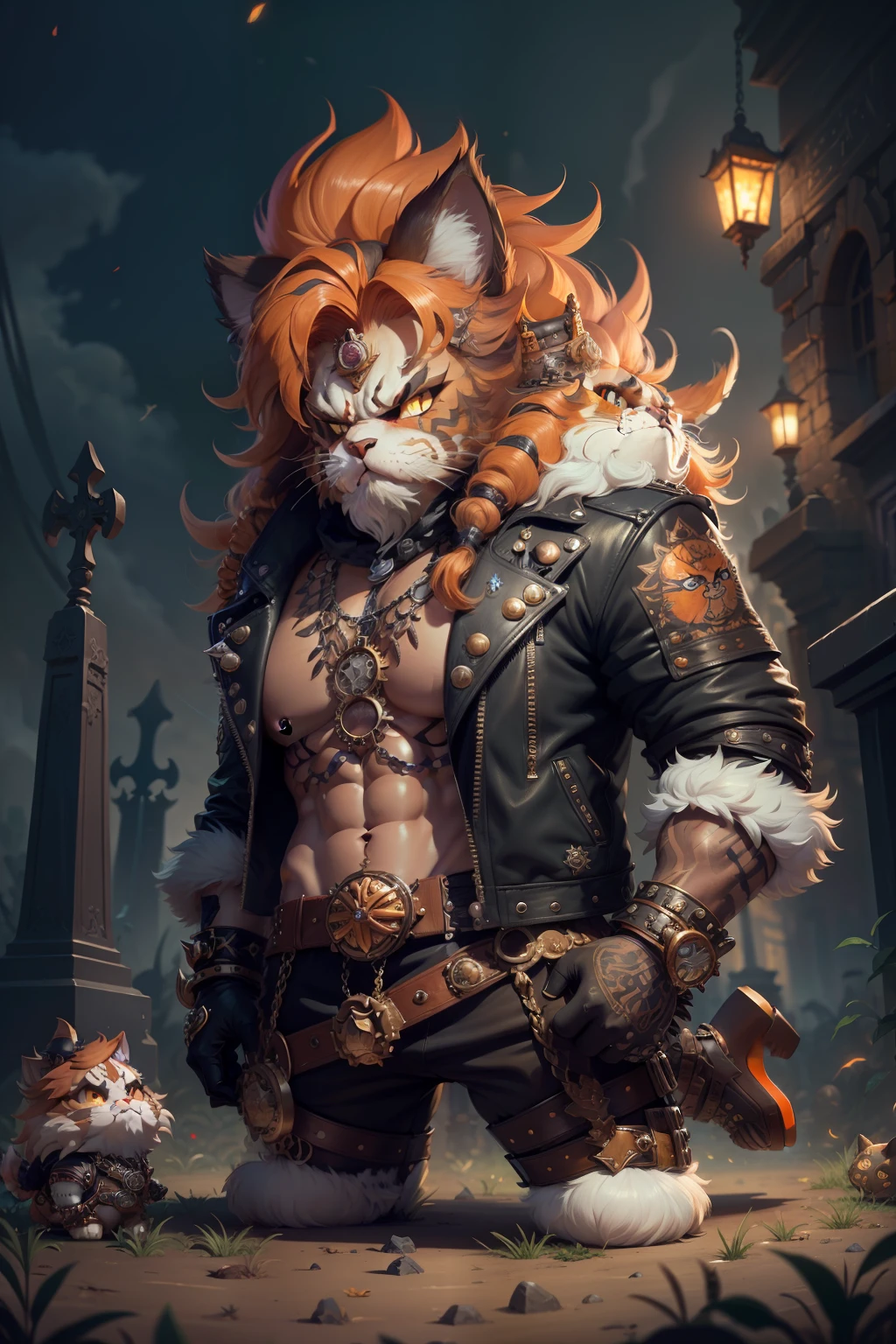 persian cat Anthropomorphic barbarian , steampunk ,, , studded leather jacket with intricate ornamentation orange and purple , pirate steampunk theme,, , highest quality,, very angry face, body fitness, full body, long hair with braids , at night in the cemetery with fireflies