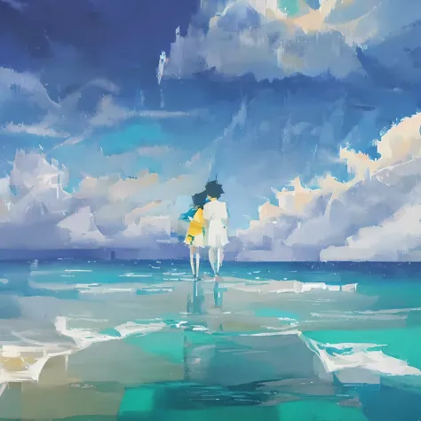 anime - beach couple walking painting，estilo de makoto shinkai，4k anime art wallpapers，shinkai makoto style 4k art wallpaper，ins...