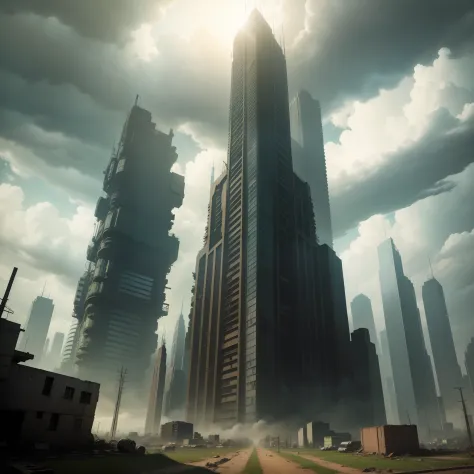 postapocalyptic city overruled by plants and animals, heavy clouds, ground perspective