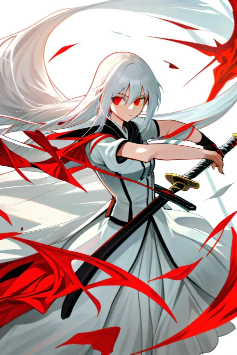 female swordsman，mini sence，long white hair，red sword，white  clothes