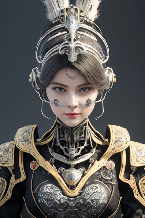 intricate 3d rendering of highly detailed beautiful ceramic silhouette female robot face, cyborg, robotic parts, 150 mm, beautif...