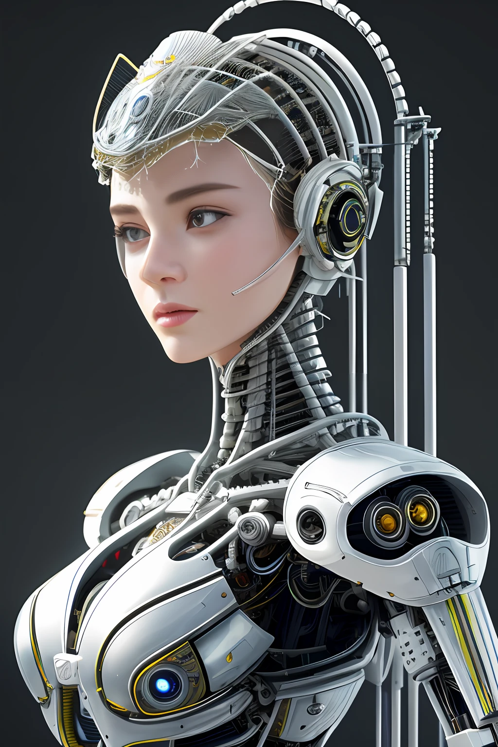 Intricate 3d rendering of highly detailed beautiful ceramic silhouette female robot face, cyborg, robot parts, 150 mm, beautiful studio soft light, rim light, vibrant details, luxury cyberpunk, lace, surreal, anatomy , Facial Muscles, Cable Wires, Microchips, Elegance, Beautiful Background, Octane Rendering, HR Giger Style, 8k, Best Quality, Masterpiece, Illustration, Very Delicate and Beautiful, Very Detailed, CG, Uniform, Wallpaper, ( fidelity, fidelity: 1.37), stunning, fine detail, masterpiece, best quality, official art, very detailed cg unity 8k wallpaper, absurd, unbelievably absurd, robot, silver helmet, full body, sit and write