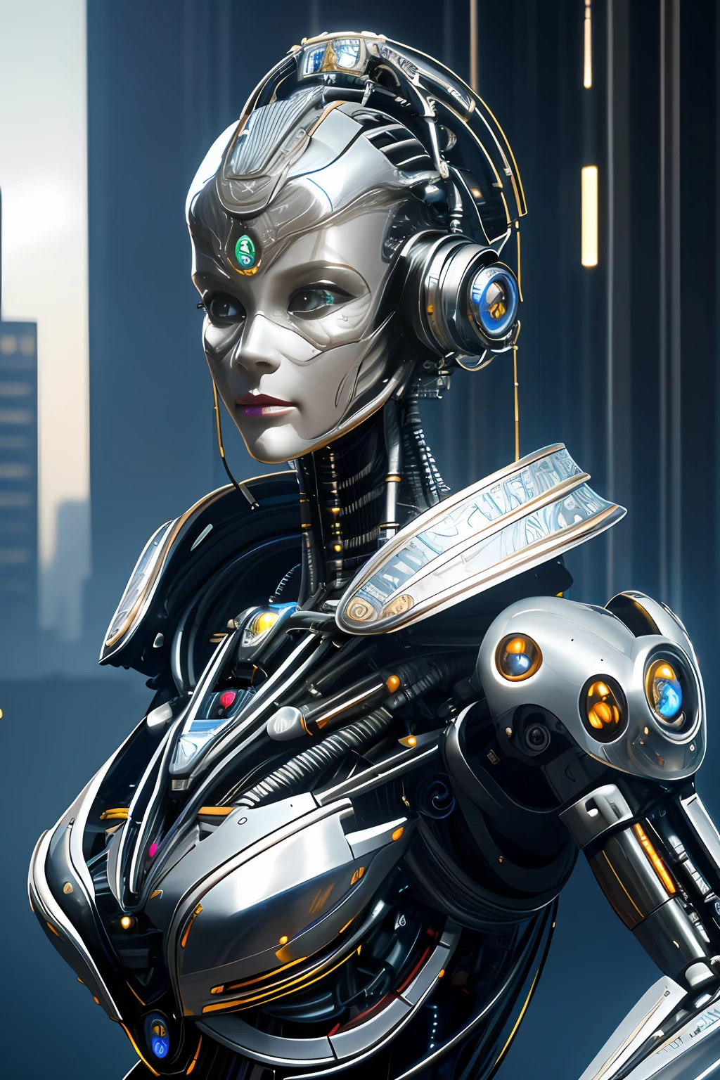 Intricate 3d rendering of highly detailed beautiful ceramic silhouette female робот face, киборг, робот parts, 150 мм, красивая студия, мягкий свет, ободной свет, яркие детали, роскошный киберпанк, кружево, сюрреалистический, анатомия , мышцы лица, кабельные провода, микрочипы, элегантность, красивый фон, Октановый рендеринг, Стиль HR Гигера, 8К, Лучшее качество, шедевр, Иллюстрация, очень нежный и красивый, Очень подробно, компьютерная графика, униформа, обои, ( верность, верность: 1.37), оглушительный, мелкие детали, шедевр, Лучшее качество, официальное искусство, very detailed cg unity 8К wallpaper, Абсурд, unbelievably Абсурд, робот, серебряный шлем, все тело, сидеть и писать