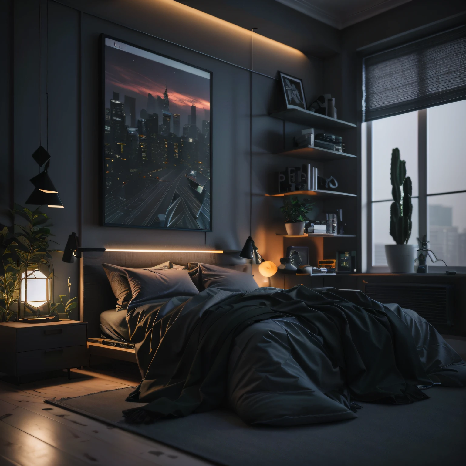 There is a bed with a blanket and a lamp in one room, Cyberpunk Room at Night, dark bedroom, dimly lit bedroom, night time render, cyberpunk teenage room, dramatic lighting render, sensual 8K lighting, cinematic mood lighting, 3 d render bipe, cyberpunk apartment, photorealistic room, dark bedroom, mysterious ambient lighting, low light room