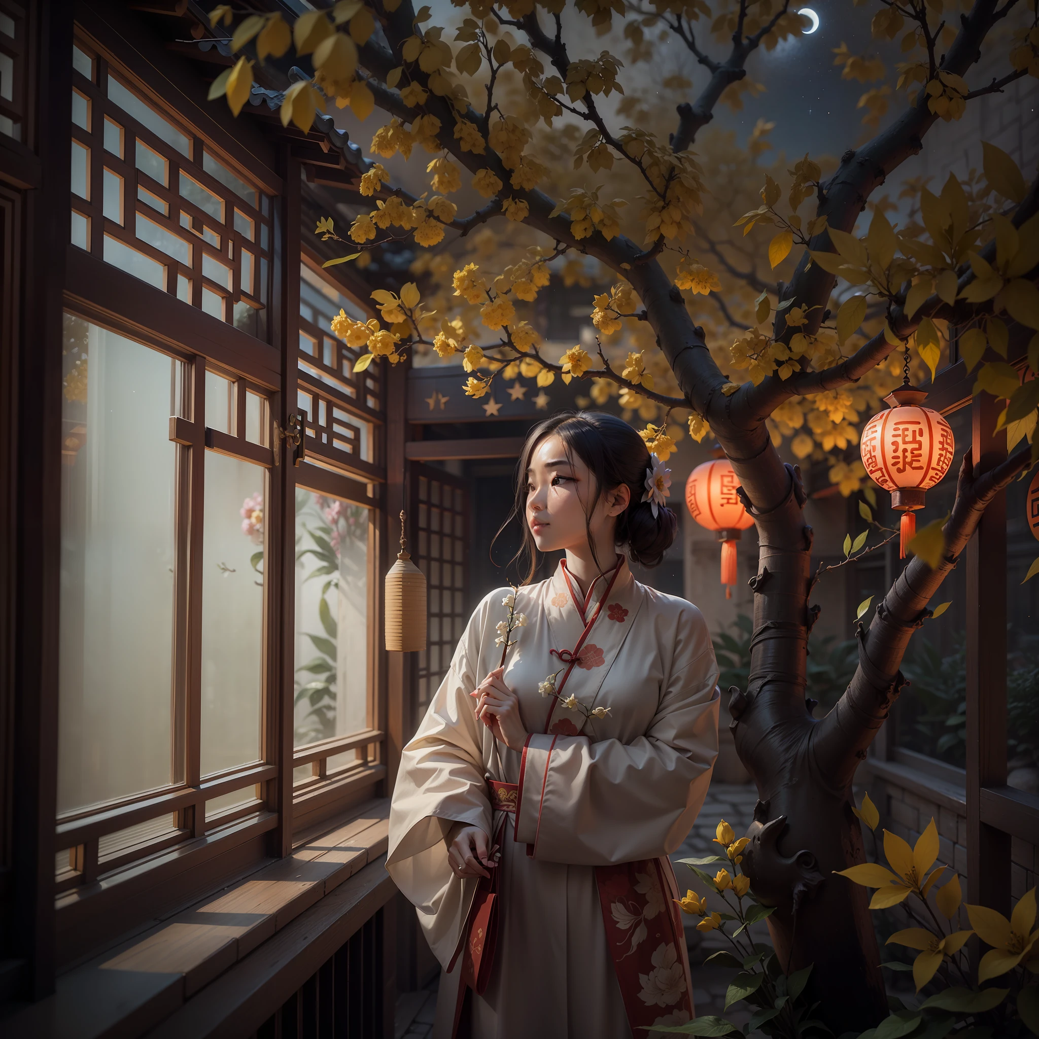 Commercial shooting .Advertising shooting， By the window , starrysky，willowy，Osmanthus - fragrant - bait ,; Sky outside the window，Crooked moon , Dashed stars , Osmanthus trees and breeze , the Tang Dynasty , Ancient Chinese courtyard , Telephoto lens , Intermediate view ,  Woman HD ,-- AR 3:4--Q2