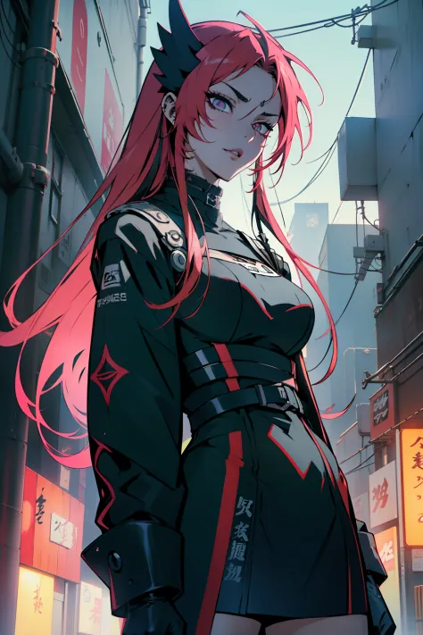 Menina anime no vestido de quimono vermelho andando por uma rua movimentada, estilo anime 4K, estilo anime. 8k, badass anime 8 k...