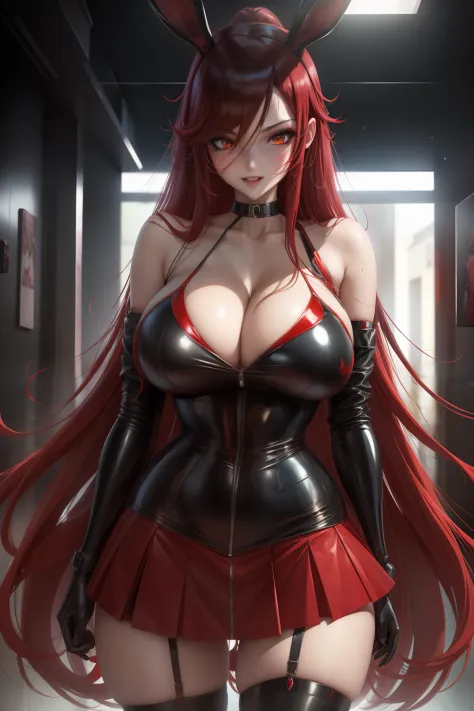 1 fantastic girl, black and red skirt, short clothes, breasts, cleavage, golden eyes, ray tracing, very long hair, masterpiece, hair between eyes, blush, NSFW, sexy, dynamic poses, wet, bunny ears, bunny tail, highly detailed, cyberpunk suit, photorealisti...
