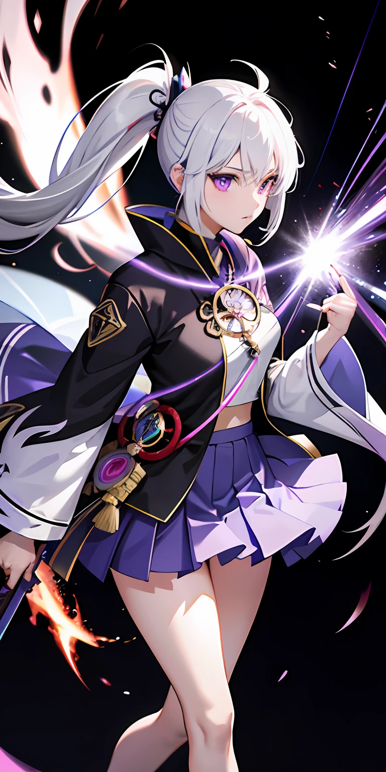 1girll, Japanese clothes, pony tails ,White hair, Purple eyes, Magical Circle, bluefire, blue flame, the wallpaper, landscape, Blood, blood spatter, Depth of field, Night, Light particles, Light rays, side-lighting, Thighs, fate \(Series\), Genshin Impact, ****, Open jacket, Skirt, upper legs, Cloud