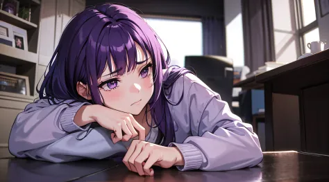 sad girl with purple hair in home